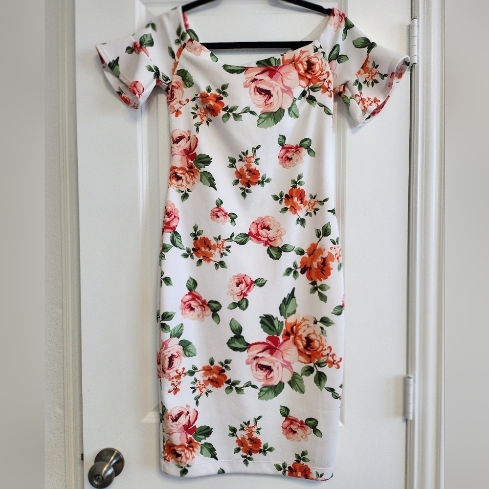 Bisou Bisou White and Pink Ruffled Bodycon Midi Dress